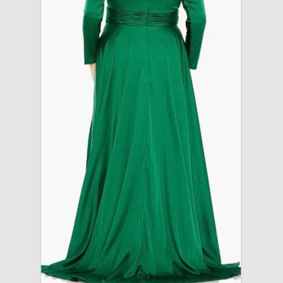 MAC DUGGAL 55245 LONG SLEEVE RUCHED WAIST A-LINE EMERALD GREEN GOWN sz 16 - Picture 6 of 12